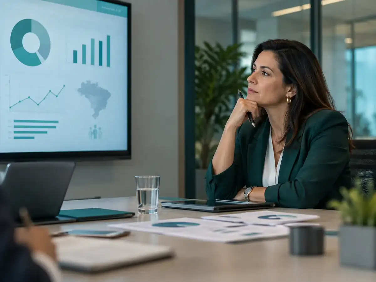 Executiva avaliando a lacuna do mercado de benefícios